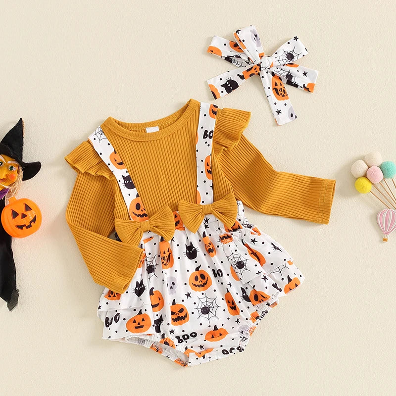 2024-05-23 Lioraitiin Baby Girls Halloween Jumpsuits Pumpkin Print Long Sleeve Romper and Cute Headband Set for Infant Outfits