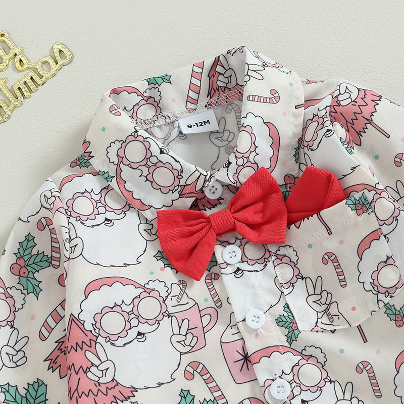 0-24M Baby Boys Formal Suit for Christmas Infant Long Sleeve Santa Print Shirts with Bow-tie + Suspender Pants Gentleman Set