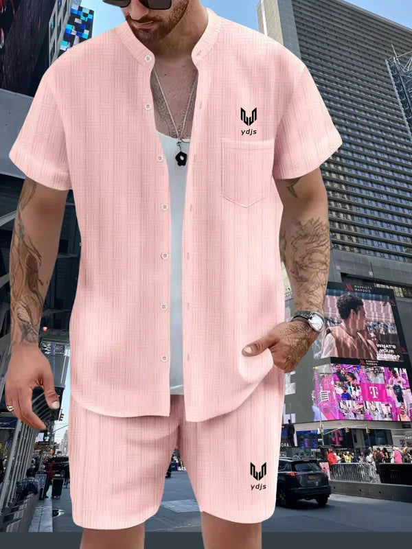 Spring/summer solid color Henry collar pocket suit for men. Shirt casual short sleeve shorts beach loose fashion suit