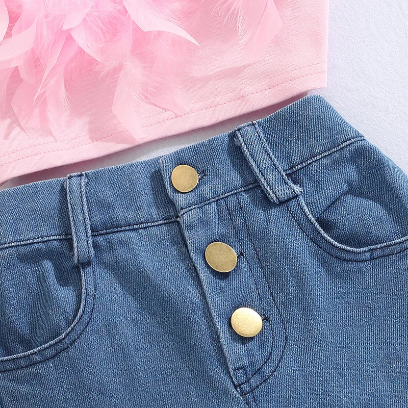 FOCUSNORM Little Girls Fashion Clothes Sets 1-6Y Ruffles Fur Feather Sleeveless Camisole Tops+High Waist Denim Pants 2pcs