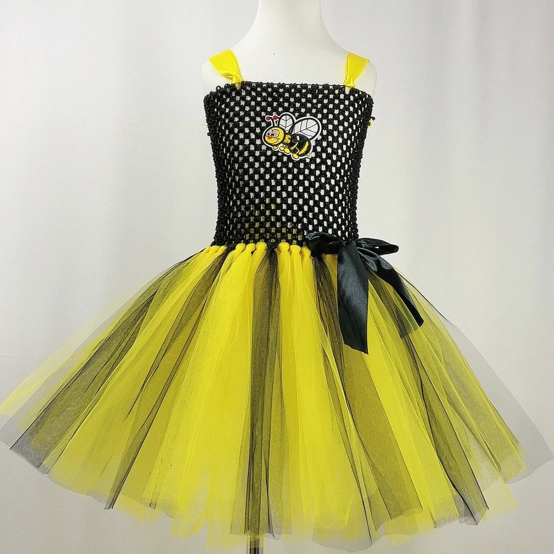 Bumble Bee Tutu Dress for Baby Girls Birthday Outfit Halloween Costume for Kids Honeybee Cosplay Dresses with Wing Headband Set