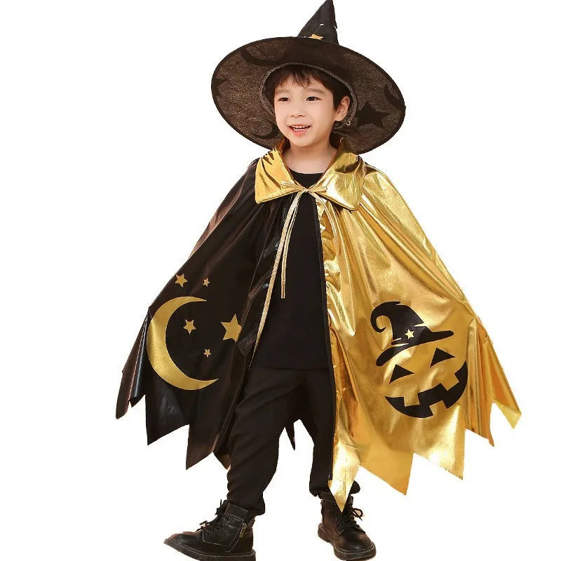 Boys Girls Wizard Cape with Hat Halloween Witch Party Costumes for Kids Children Cosplay Cloak Fancy Dress