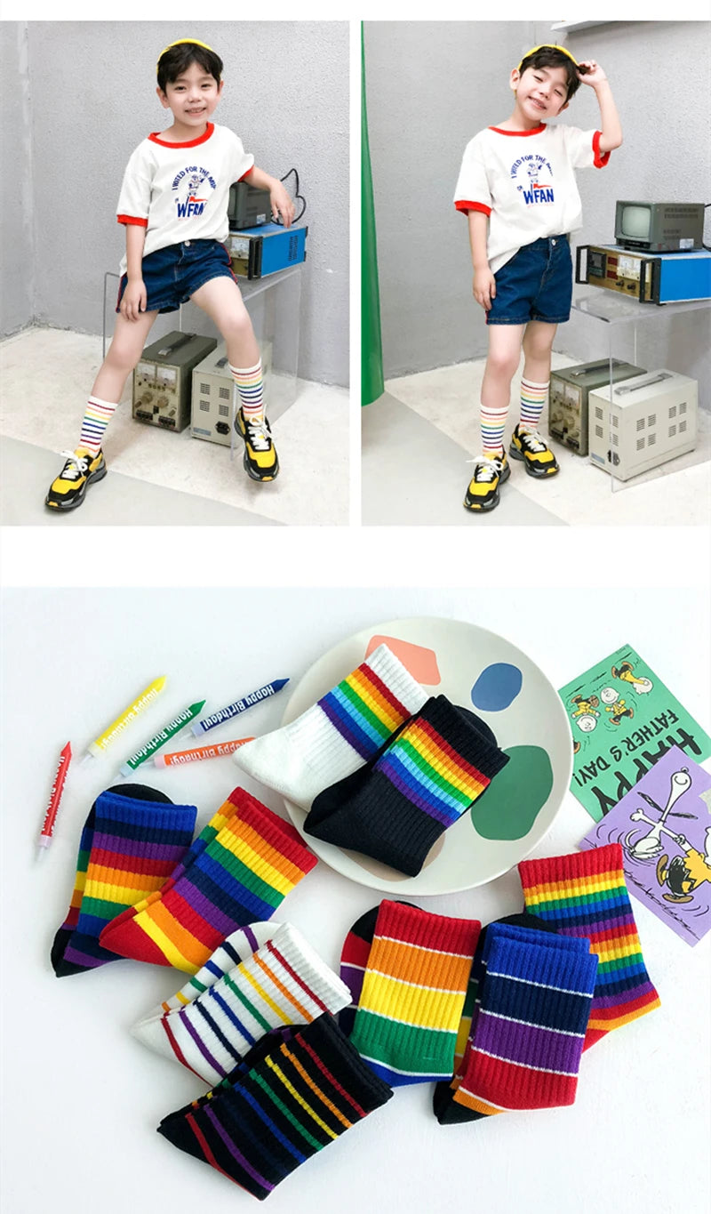 Fashion Rainbow Socks for Kids Spring Summer Colourful Stripe Breathable Cotton Girls Boys Tube Socks School Long Socks 1-8 Year