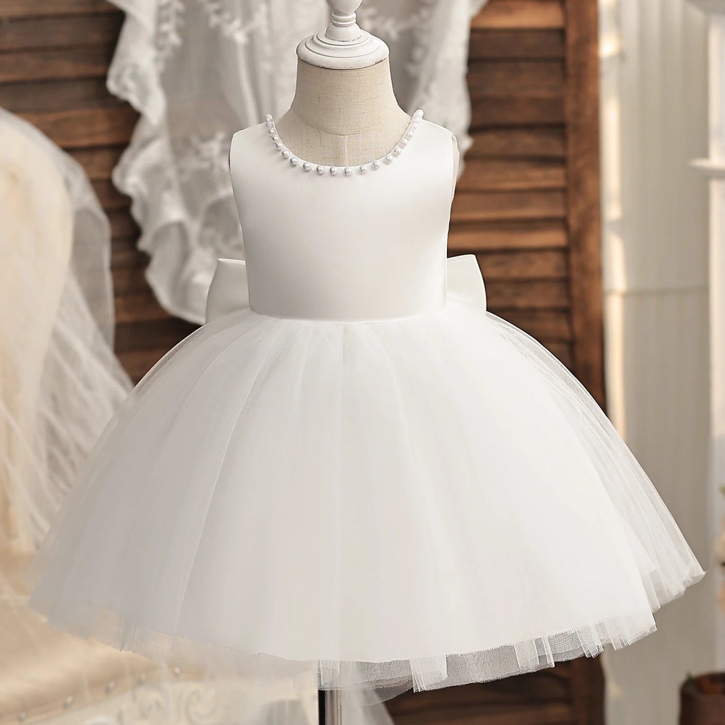Flower Girl Dresses for Wedding Kids Lace Backless Tulle Tutu Princess Prom Party Clothes Baby 1st Birthday Baptism White Dress