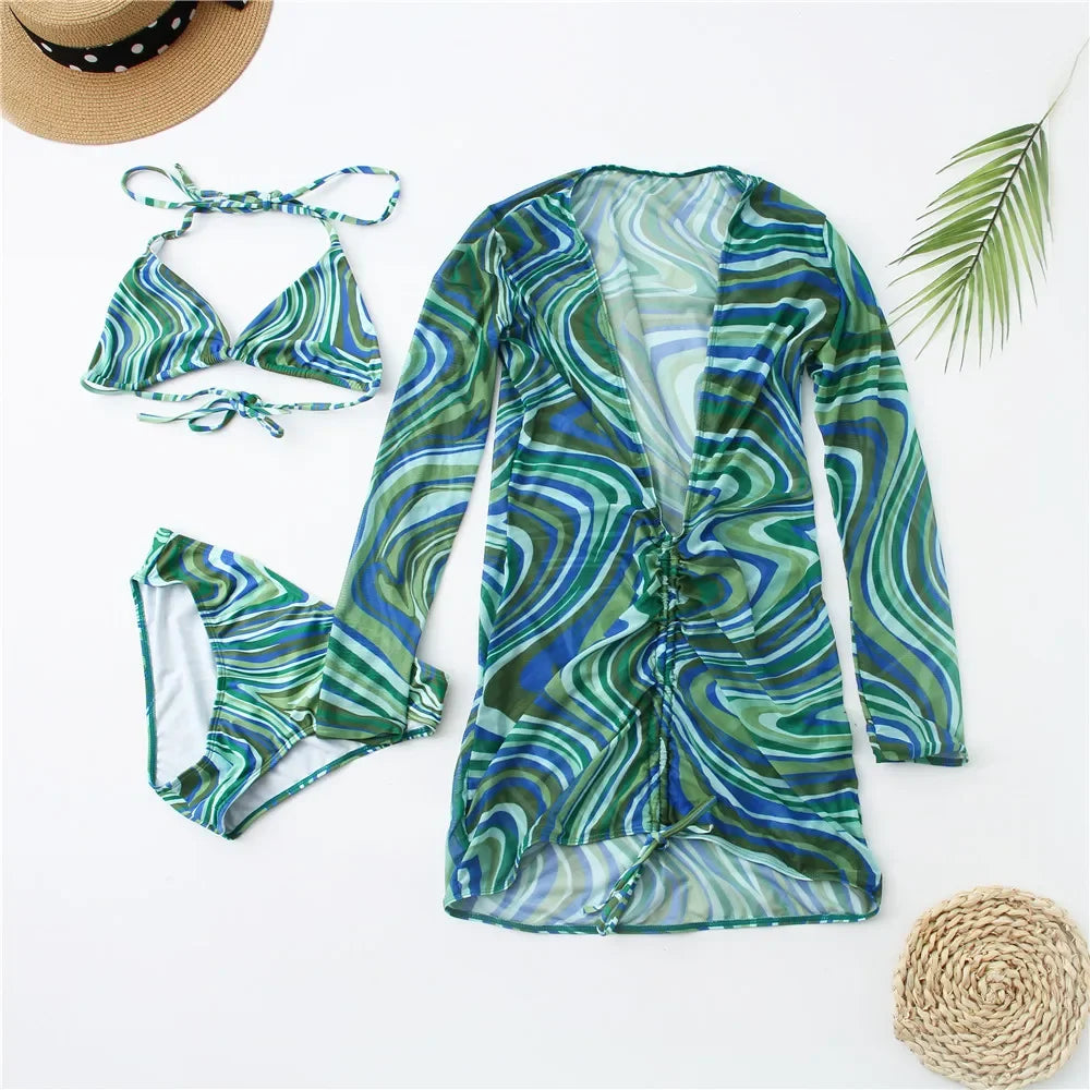 3 Pack Bikini Swimsuit With Shirt Cover Up Sets Women Halter Three Pieces Printed Lace Up Triangle Ruched Mesh Swimwear