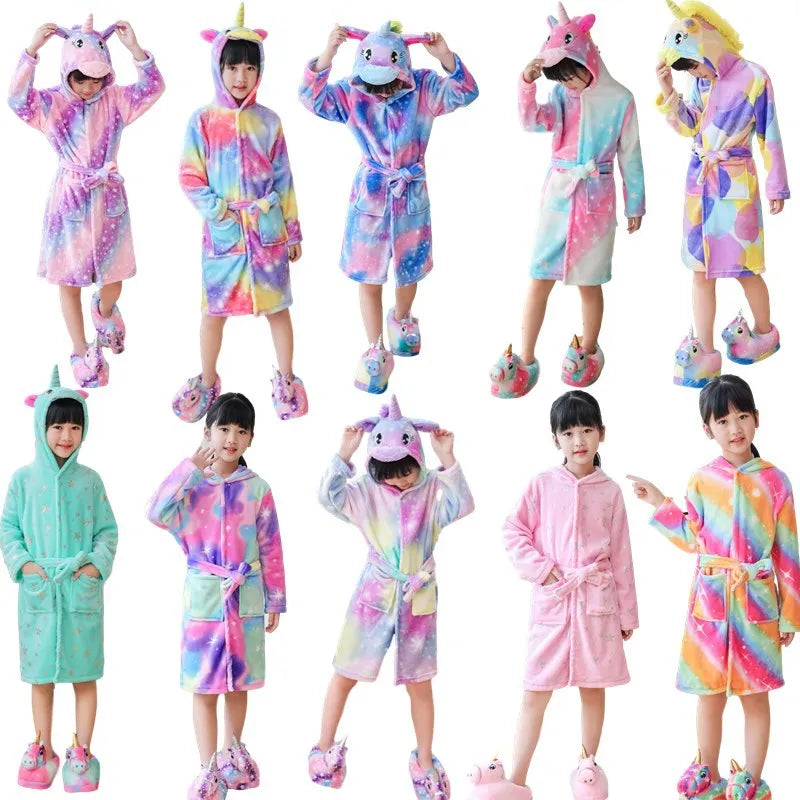 Boys Girls Hooded Bathrobe Toddler Unicorn Anime Cartoon Towel Beach Children's Sleepwear Baby Kids Bath Robes Pyjamas Nightgown