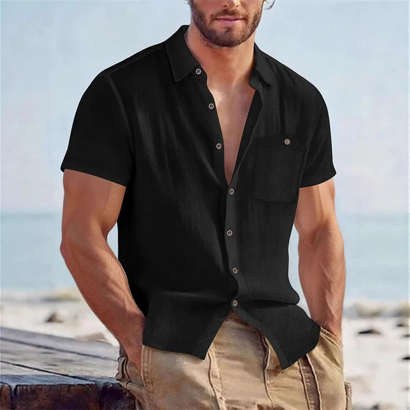 Men's Casual Linen Blend Shirt Short Sleeve Turn Down Collar Button Up Lightweight Breathable Beach Tunic Tops