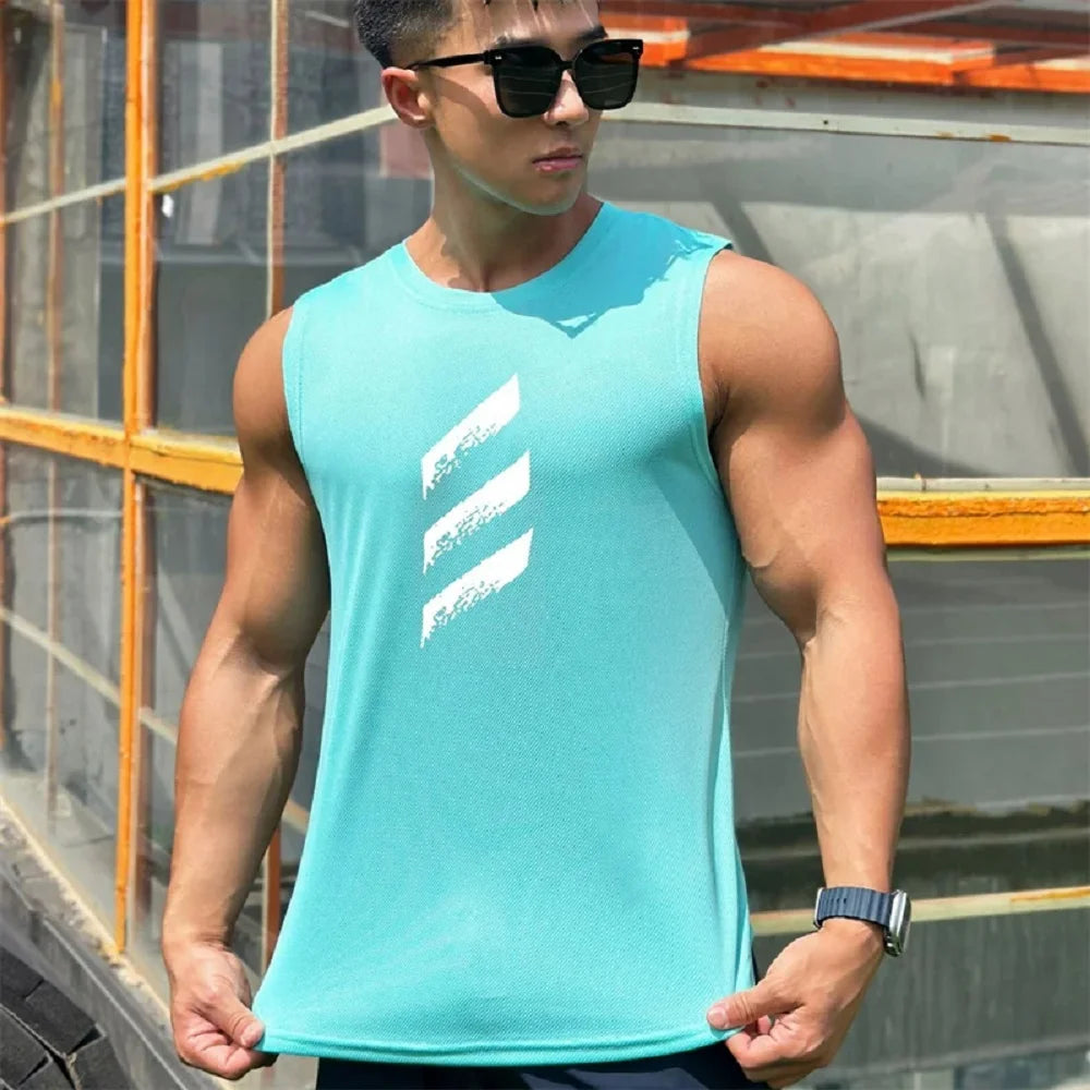 Sports Fitness Vest Sleeveless Quick Dry Breathable Running Top Trend Men's Pull-over Crewneck Mesh Vest Summer New Style