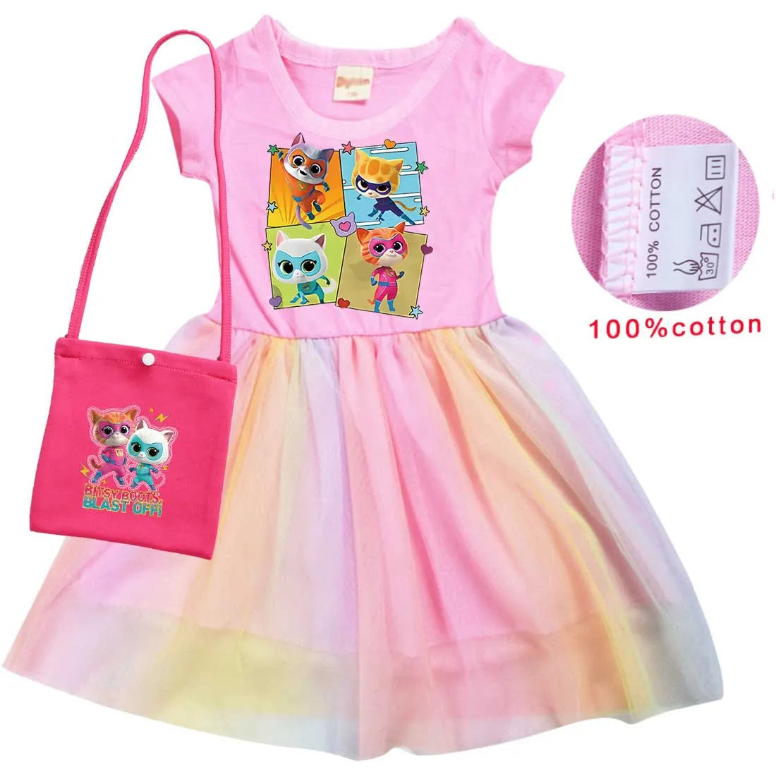 children SuperKitties Costume kids Cosplay Super Kitties clothes for Girls Flying Sleeves A-Line Dress with Bag and Headband