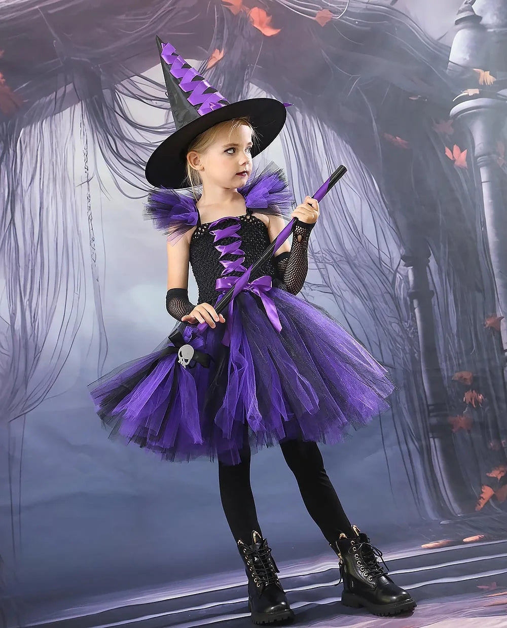 Halloween New Witch Dress Cosplay Costume Dress for Girl Carnival Party Dress Hat Broom Fancy Clothes Suit