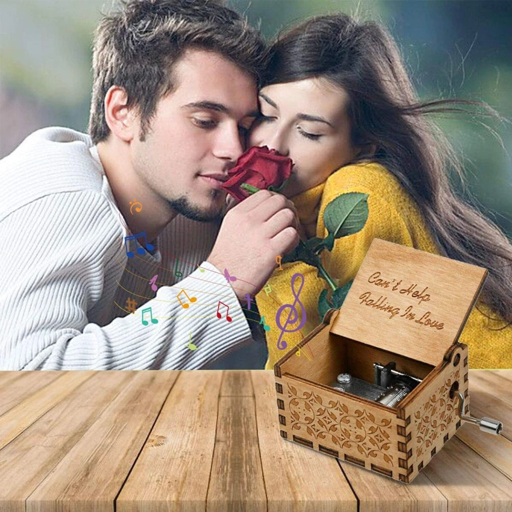 Wooden Hand-Cranked Music Box Vintage Engraving Music Box Can't Help Falling in Love Valentines Day Gift Birthday Presents