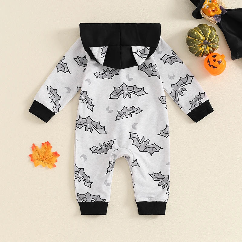 2024-05-23 Lioraitiin Baby Girl Boy Halloween Romper Bat Print Long Sleeve Full Length Hooded Jumpsuit for Fall