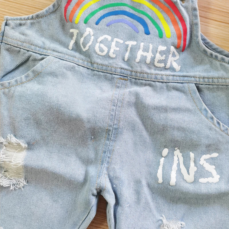 IENENS Baby Dungarees Girls Overalls Hole Wash Jeans Rainbow Print Trousers Denim Jumpsuit Toddler Infant Long Pants 0-4 Years