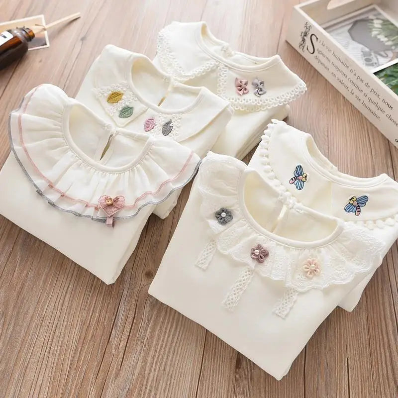 Children's Shirts School Girls White Tops Long Sleeve Lace Shirts Kids Shirt Baby Toddler Teen Casual Children Clothes
