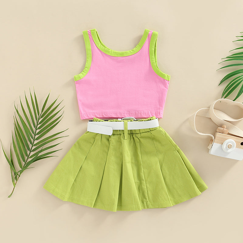 FOCUSNORM 1-6Y Fashion Little Girls Kids Clothes Sets 2pcs Letter Patchwork Sleeveless Causal Vest+Solid Pleated Skirts+Belt