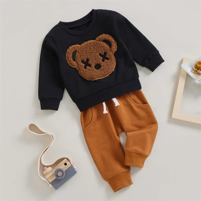 1-5 Years Kid Boys Girls 2Pcs Tracksuit Suits Fall Baby Plush Cartoon Bear Long Sleeves Sweatshirt Top + Elastic Waist Pants