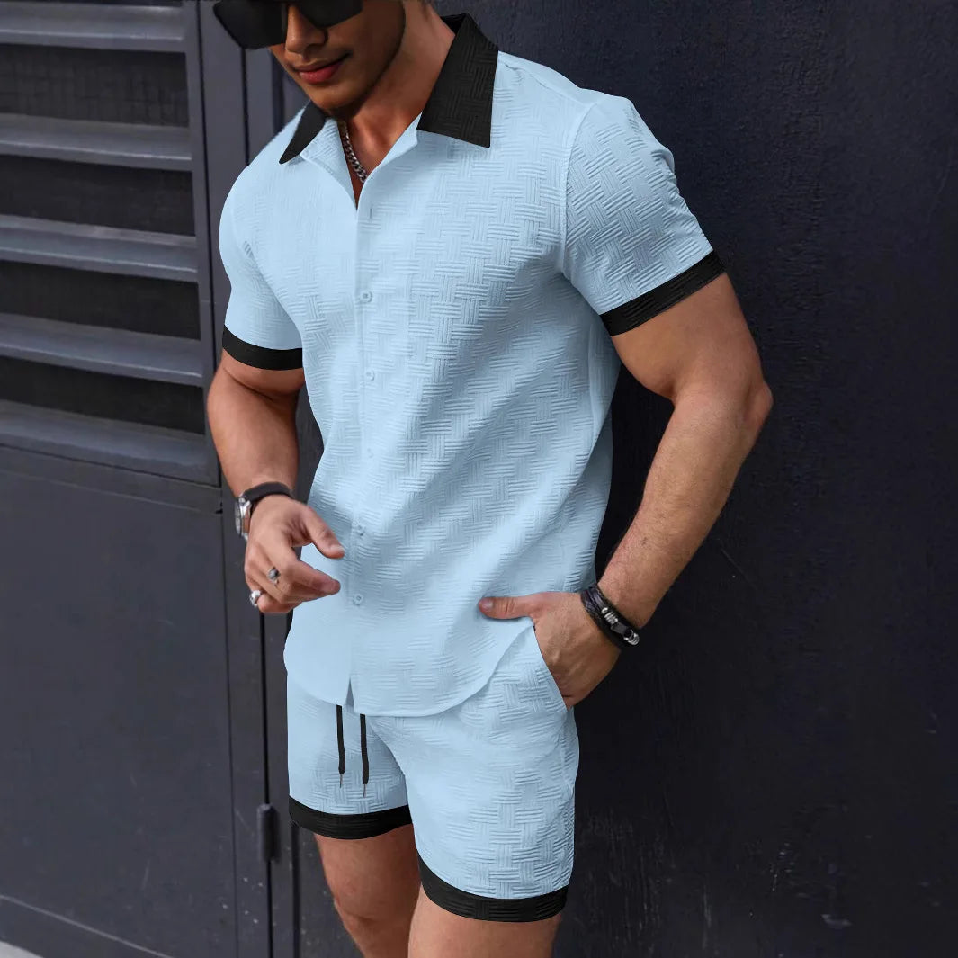 2025 new summer Europe and the United States fashion high-quality men's shirt casual color short-sleeved shorts beach suit