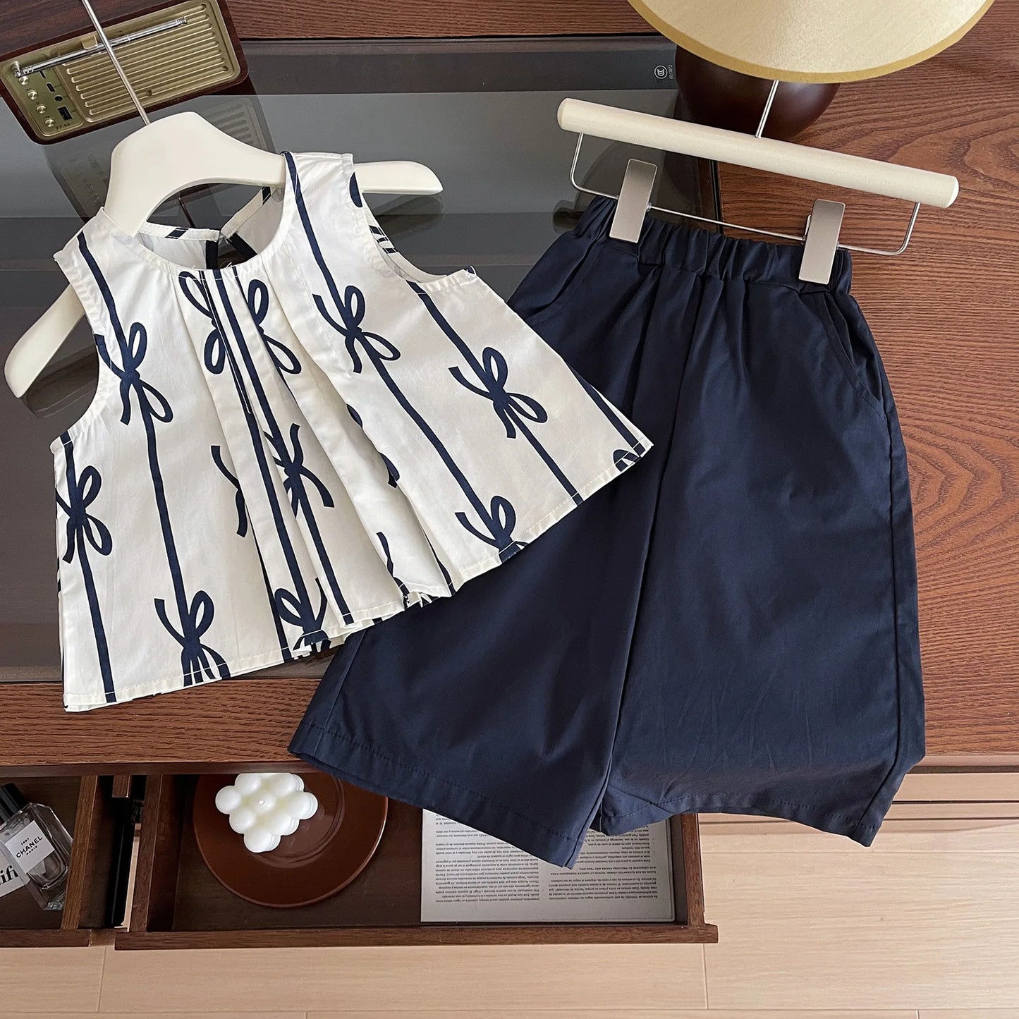 Children's Clothing Sets Bow Print Sleeveless Top + Wide-leg Pants 2pcs Kids Clothes for Girls Set 2 To 7 Years Outfit Set