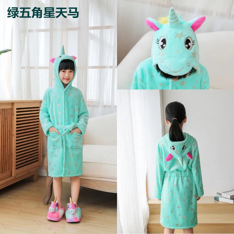 Boys Girls Hooded Bathrobe Toddler Unicorn Anime Cartoon Towel Beach Children's Sleepwear Baby Kids Bath Robes Pyjamas Nightgown
