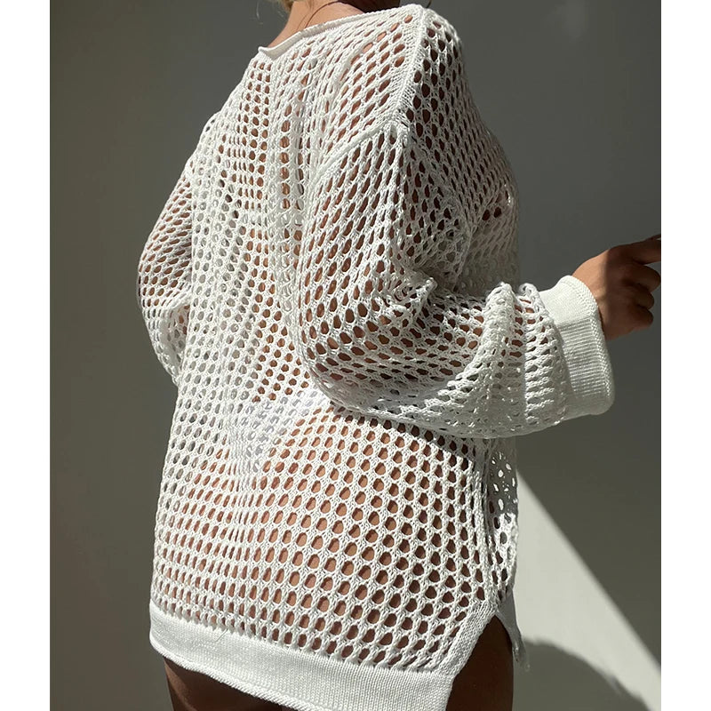Knitting Loose Swimsuit Cover-Ups Sexy Hollow Out Round Collar Top Women Summer Beach Holiday Fashion Sunscreen Smock Top