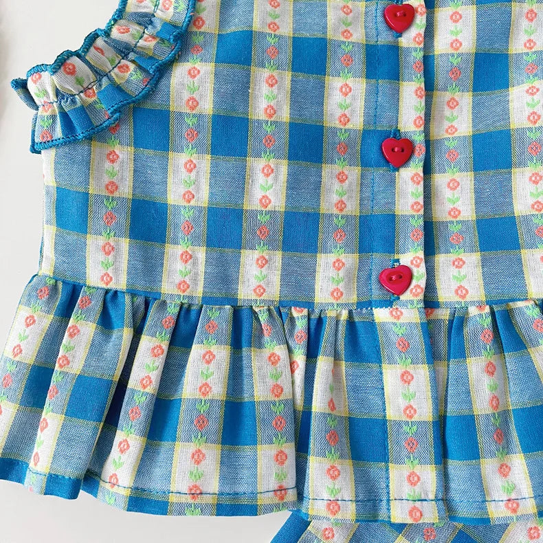 Children's Clothing Sets Blue Plaid Floral Print Sleeveless Top + Wide Leg Pants + Shorts 3 Pcs Sets Kids Clothes for Girls