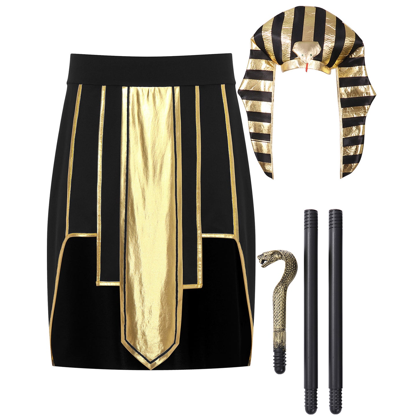 Mens Ancient Egyptian Pharaoh King Cosplay Costume Halloween Fancy Dress Skirt with Cuffs Collar Outfit for Theme Party/Stage
