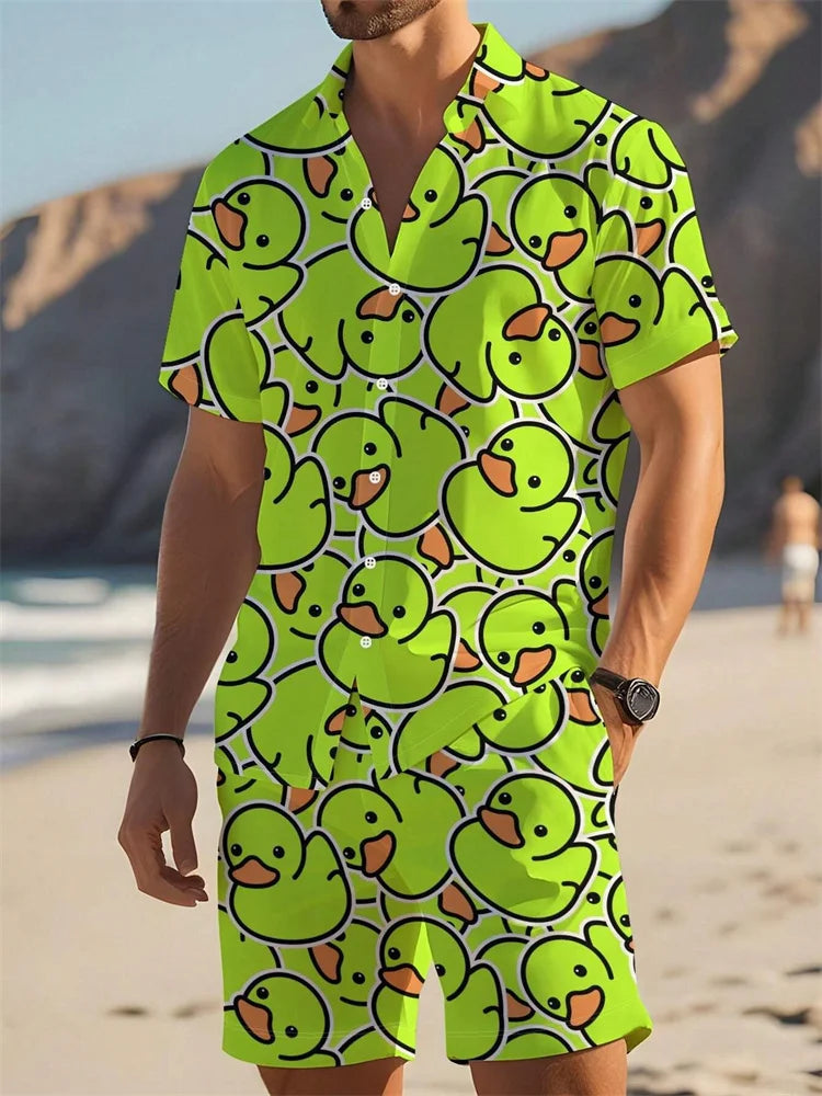 Hawaii Shirt Set Mens Yellow Duck Print Fashion Pattern Summer Fashion Casual Daily Large Button Down Shirt Shorts Two Piece Set