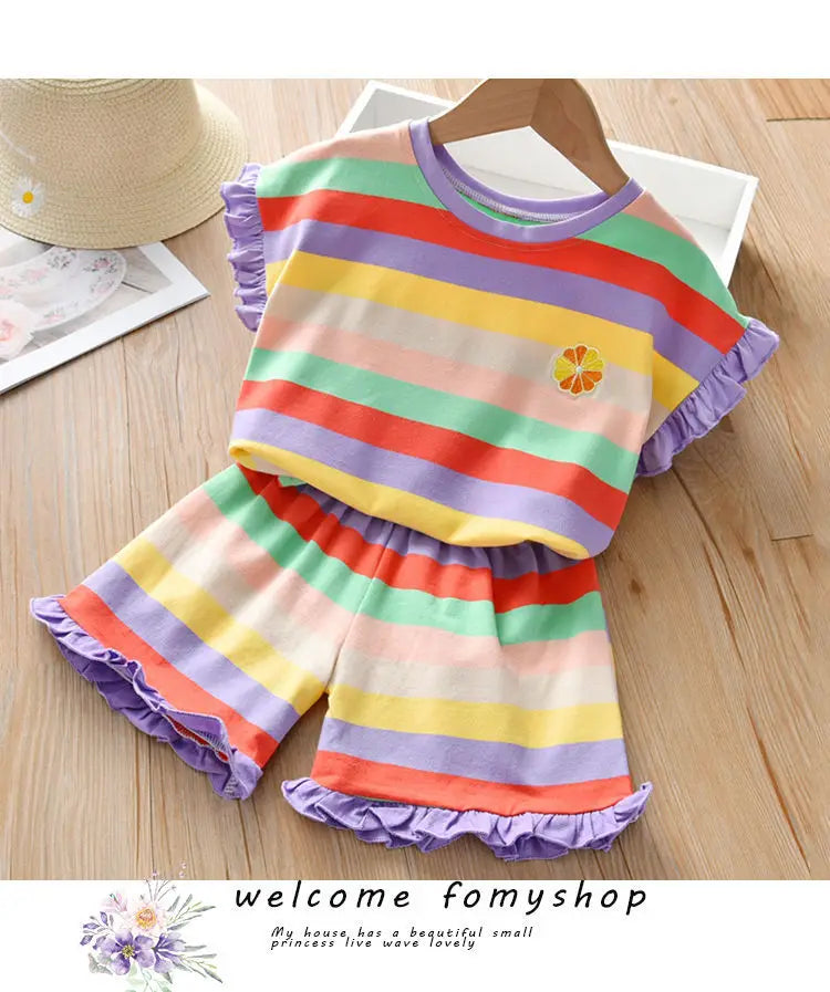 Children's Clothing Sets Floral Embroidery Short Sleeve Lace Top + Striped Printed Shorts 2pcs Sets Kids Clothes for Girls