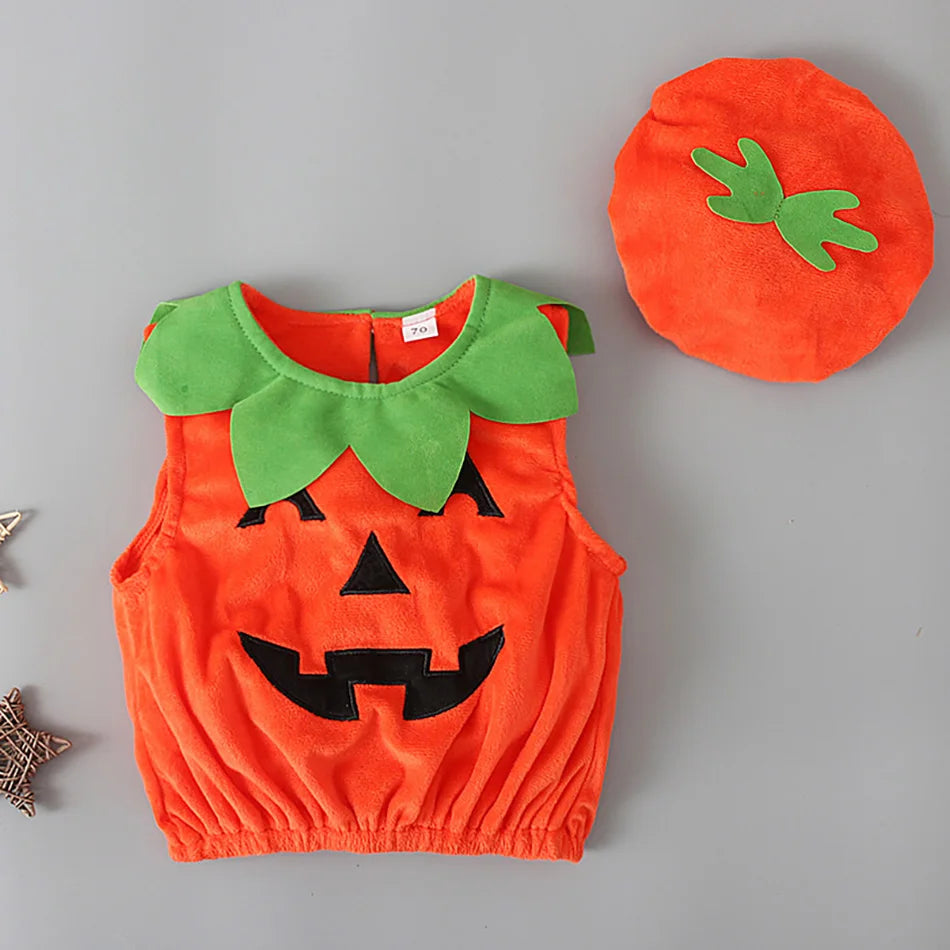 Baby Costume Kids Pumpkin Romper with Hat Boys Girls Cosplay One-Piece Infant Summer Casual Onesie Halloween Jumpsuit 0-5 Years
