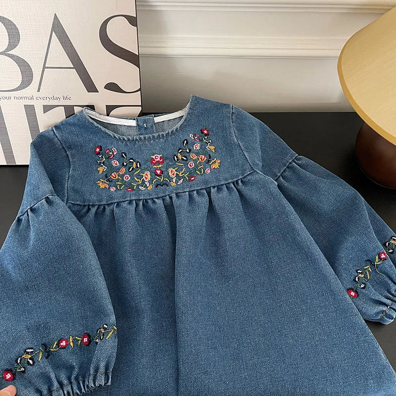 MILANCEL Girls Denim Dresses 2024 Autumn New Embroidery Floral Long Sleeve Dress Children's Daily Casual Clothes