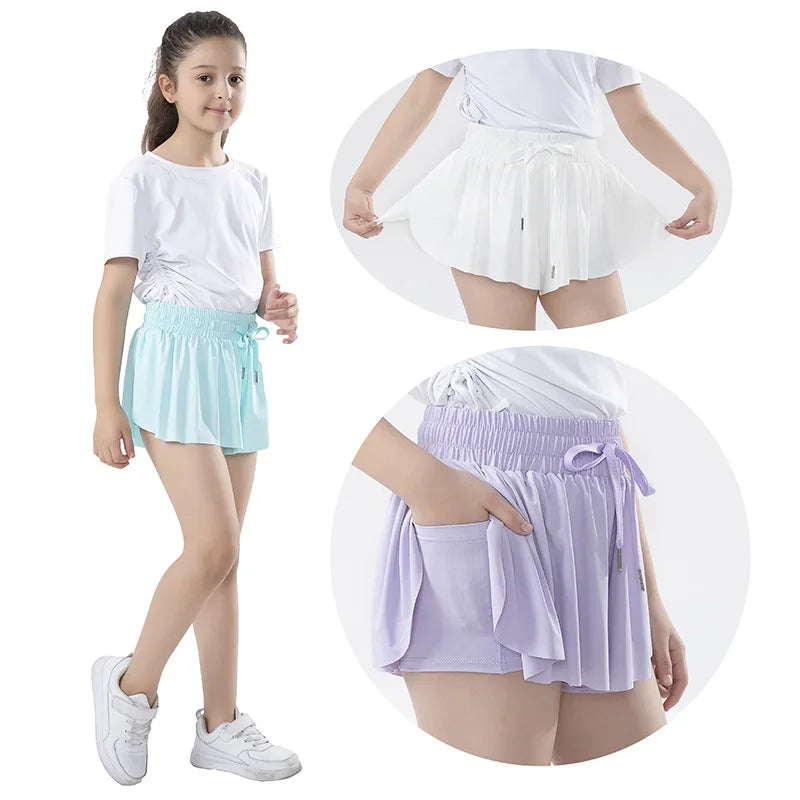 3-15 Years Girls Flowy Shorts Butterfly Shorts With Pocket 2-in-1 Athletic Running Shorts For Kids Active Workout Sports Tennis