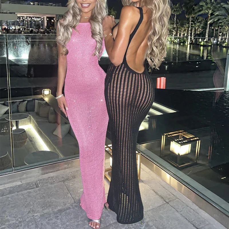 New Style Knitted Backless Slip Dress Sexy Hollow Out Beachwear Cover Up Women's Summer Beach Vacation Sunscreen Long Dress