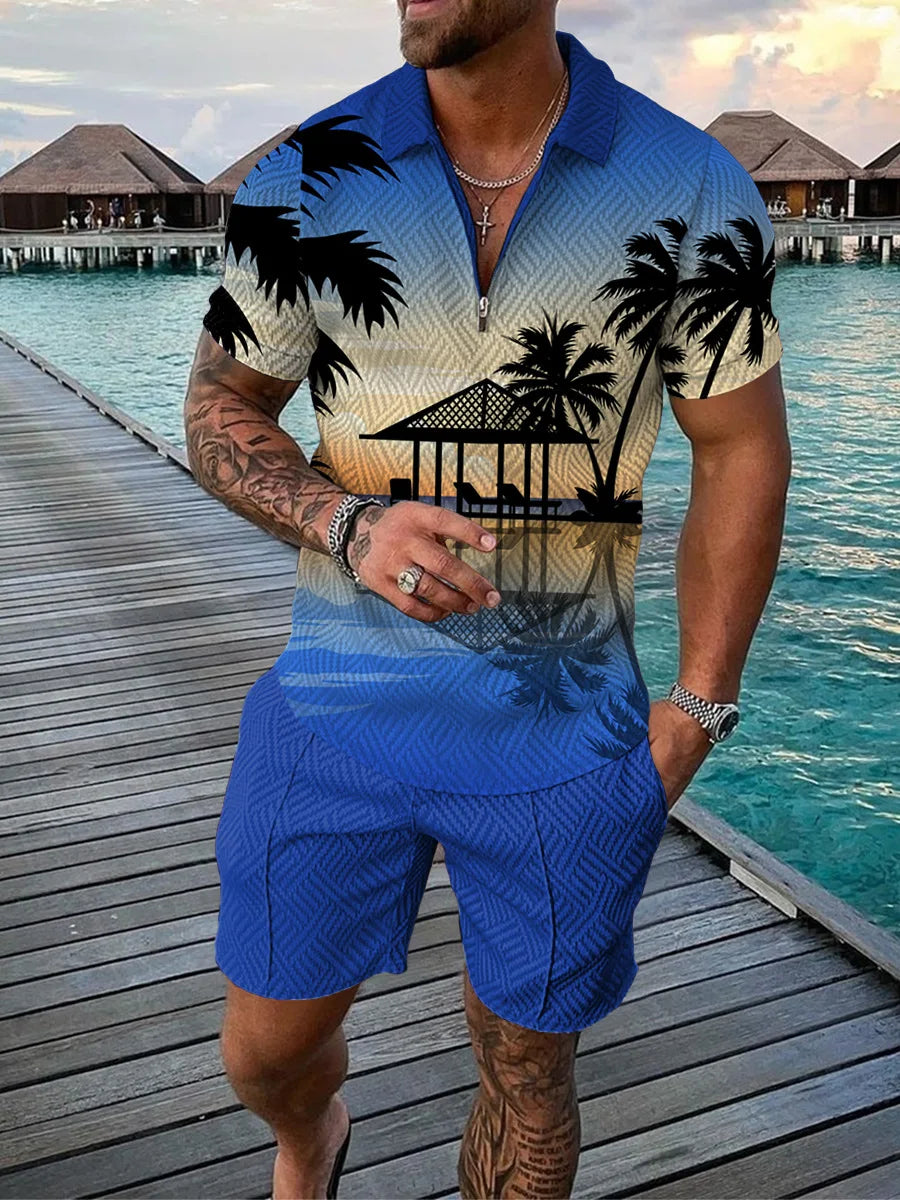 Hawaiian Coconut Tree Print Men's Sets Fashion Zip Polo Short Sleeve Top +Shorts Outfit Summer Beach Vacation Oversized Tee Suit