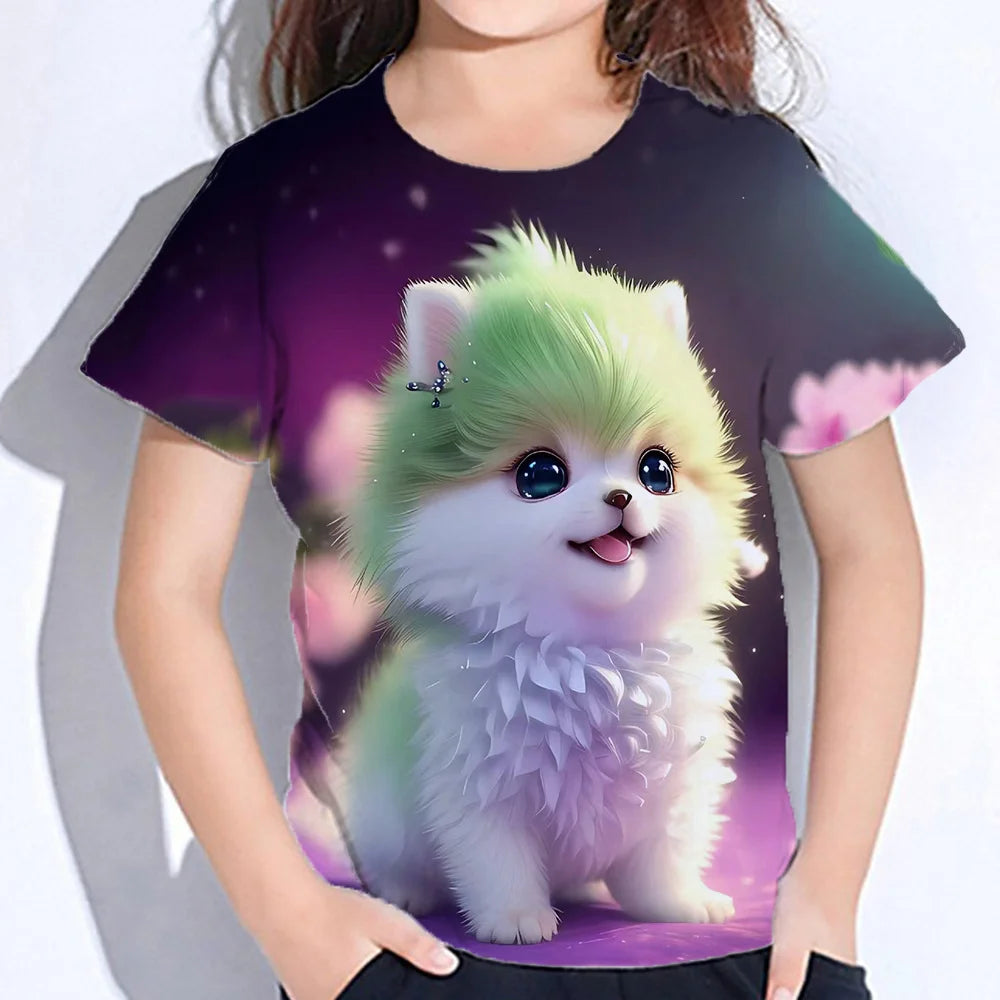 2024 Girl Summer Tops Girls Clothes 2 to 8 Years Short Sleeve Children T-Shirt Cat Print Kids T Shirt Kawaii Children's Clothing