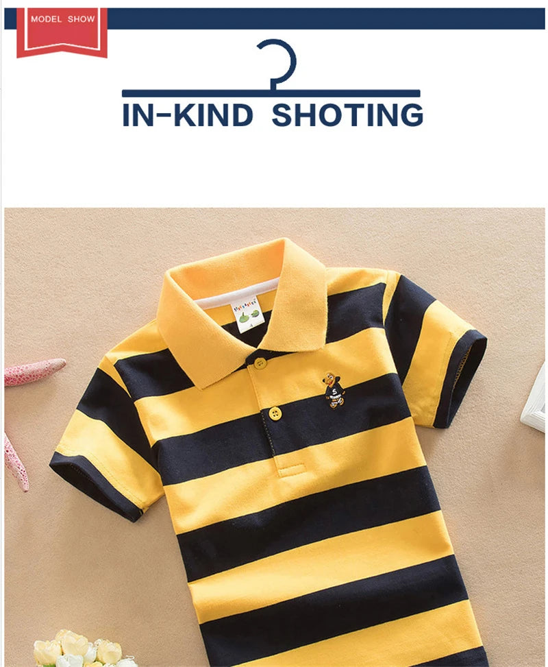 T-shirt For Boys Summer Children Short Sleeve Stripe Tees Cartoon Bear Embroidery Tops Teens Breathable Polo Shirt Kids Clothing