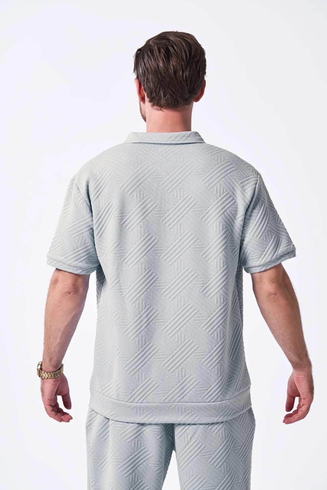2025 summer new style men Hawaii fashion beauty suit simple casual jacquard short sleeve solid color zipper cardigan shorts two