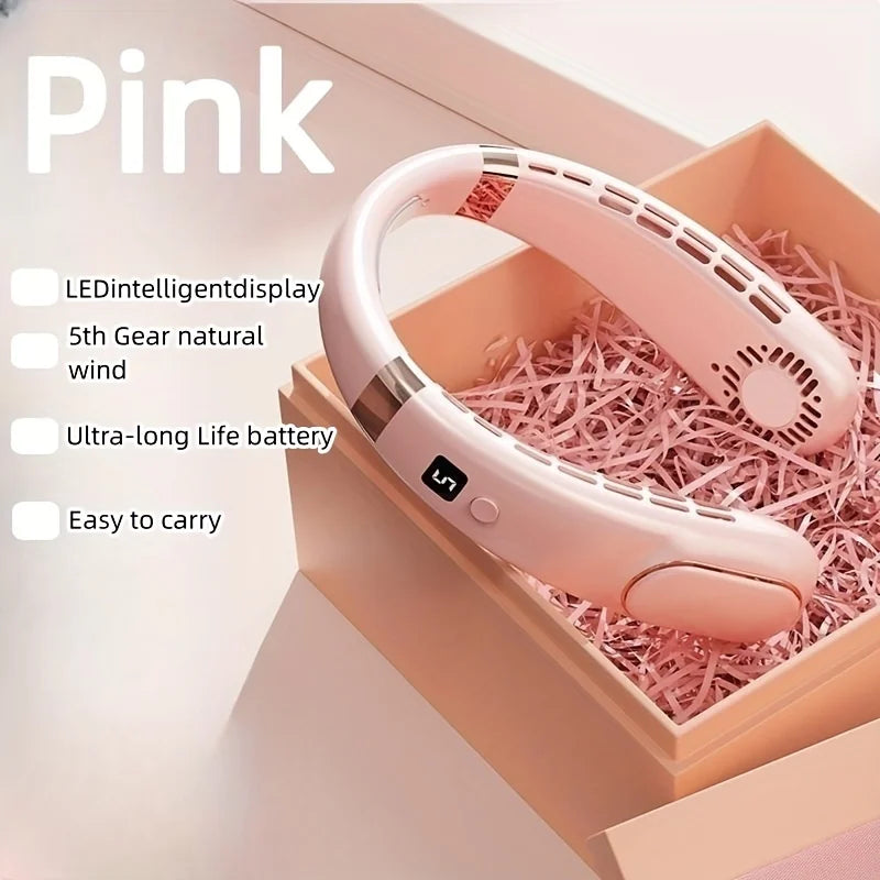 2024 New portable neck fan with digital display, 5-speed adjustment, silent operation, neck ice porcelain body sensation, long b