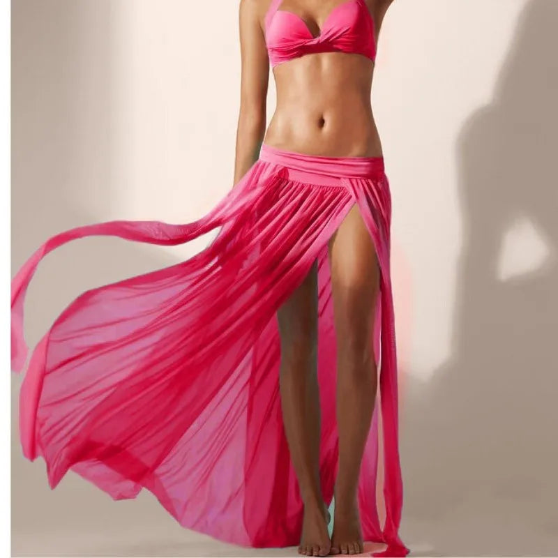 2024 New 5 colors Solid Beach Dress for Women Mesh Bikini Cover Ups Open Side Sarong Swim Dresses Free Size Playa Skirt Sarong