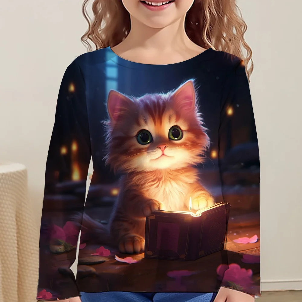 Children Clothes Girl Long Sleeve T-Shirt for Girls 2024 Kids Clothes One Piece Graphic T Shirts Cat Girls Clothes 2 to 8 Years
