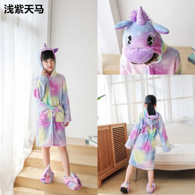 Boys Girls Hooded Bathrobe Toddler Unicorn Anime Cartoon Towel Beach Children's Sleepwear Baby Kids Bath Robes Pyjamas Nightgown