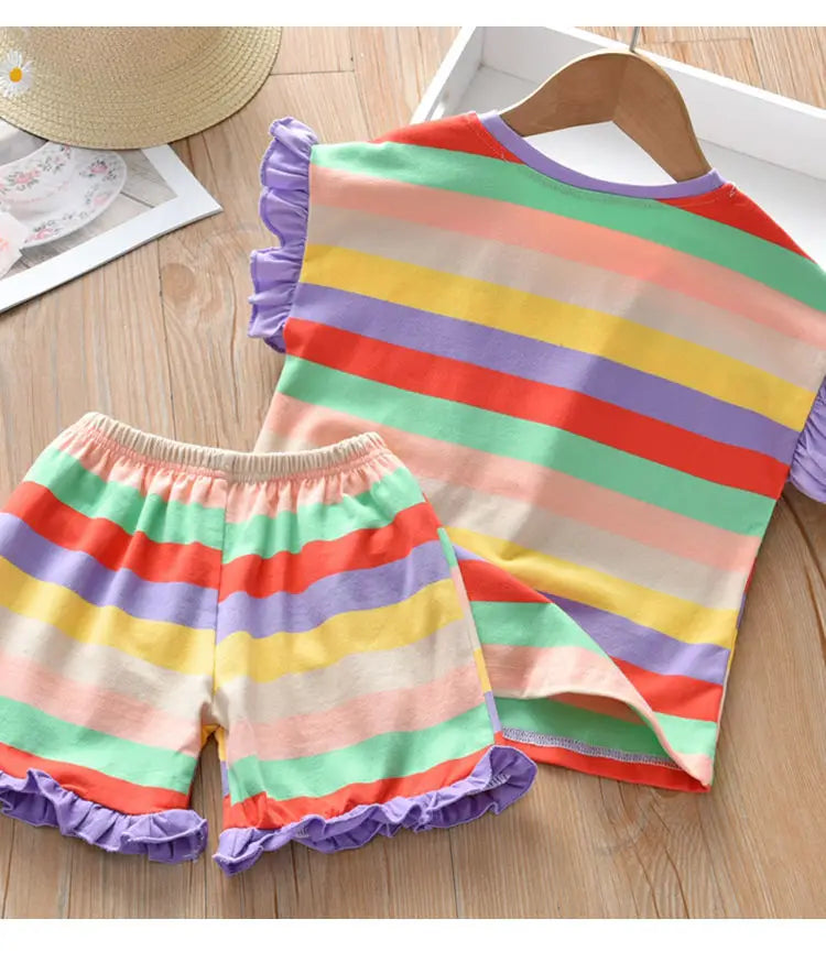 Children's Clothing Sets Floral Embroidery Short Sleeve Lace Top + Striped Printed Shorts 2pcs Sets Kids Clothes for Girls