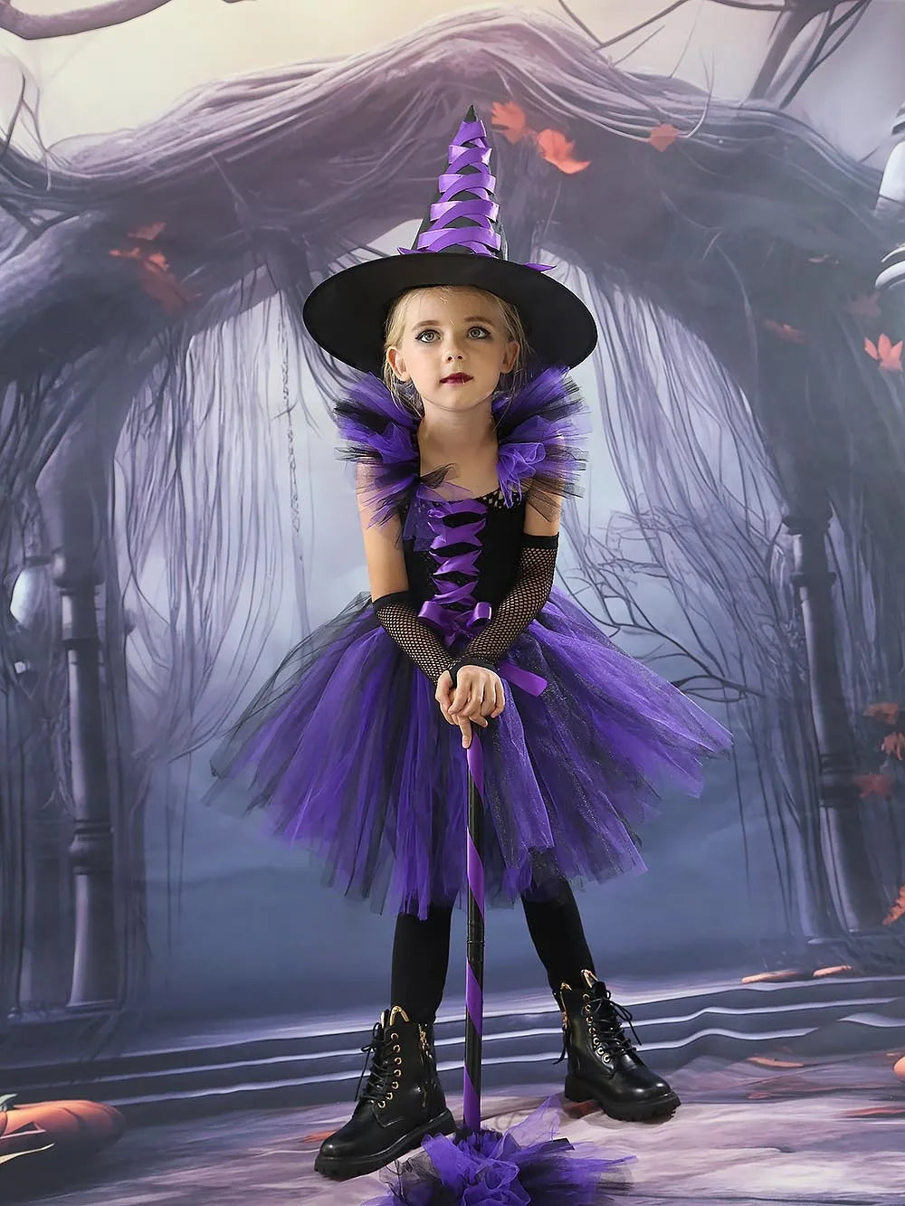 Halloween New Witch Dress Cosplay Costume Dress for Girl Carnival Party Dress Hat Broom Fancy Clothes Suit