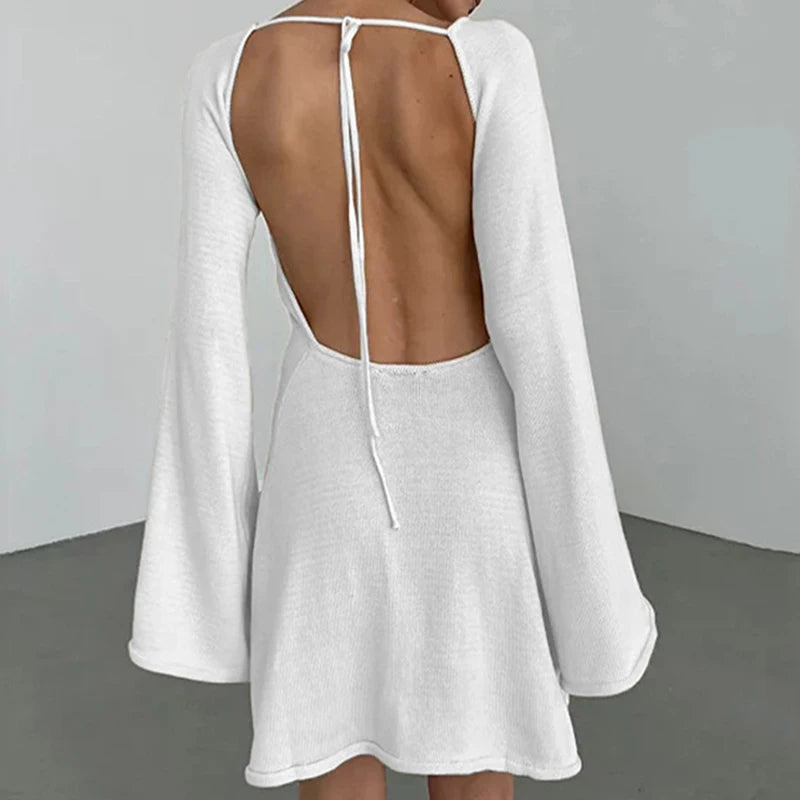 New sexy Backless Round Collar Cover-Ups Solid Color Knit Beachwear Stylish Horn Sleeve Beach suit Female Holiday wrap Dress
