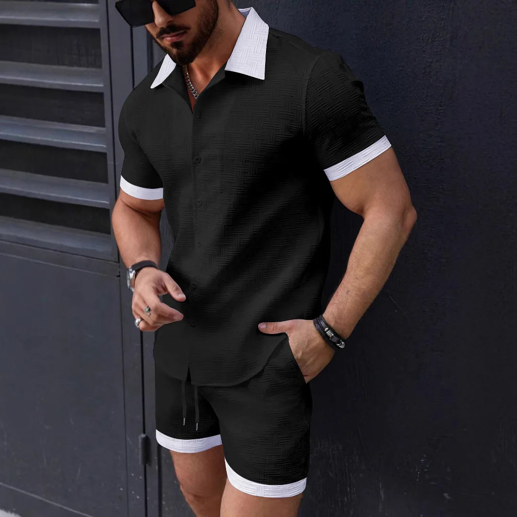 2025 new summer Europe and the United States fashion high-quality men's shirt casual color short-sleeved shorts beach suit