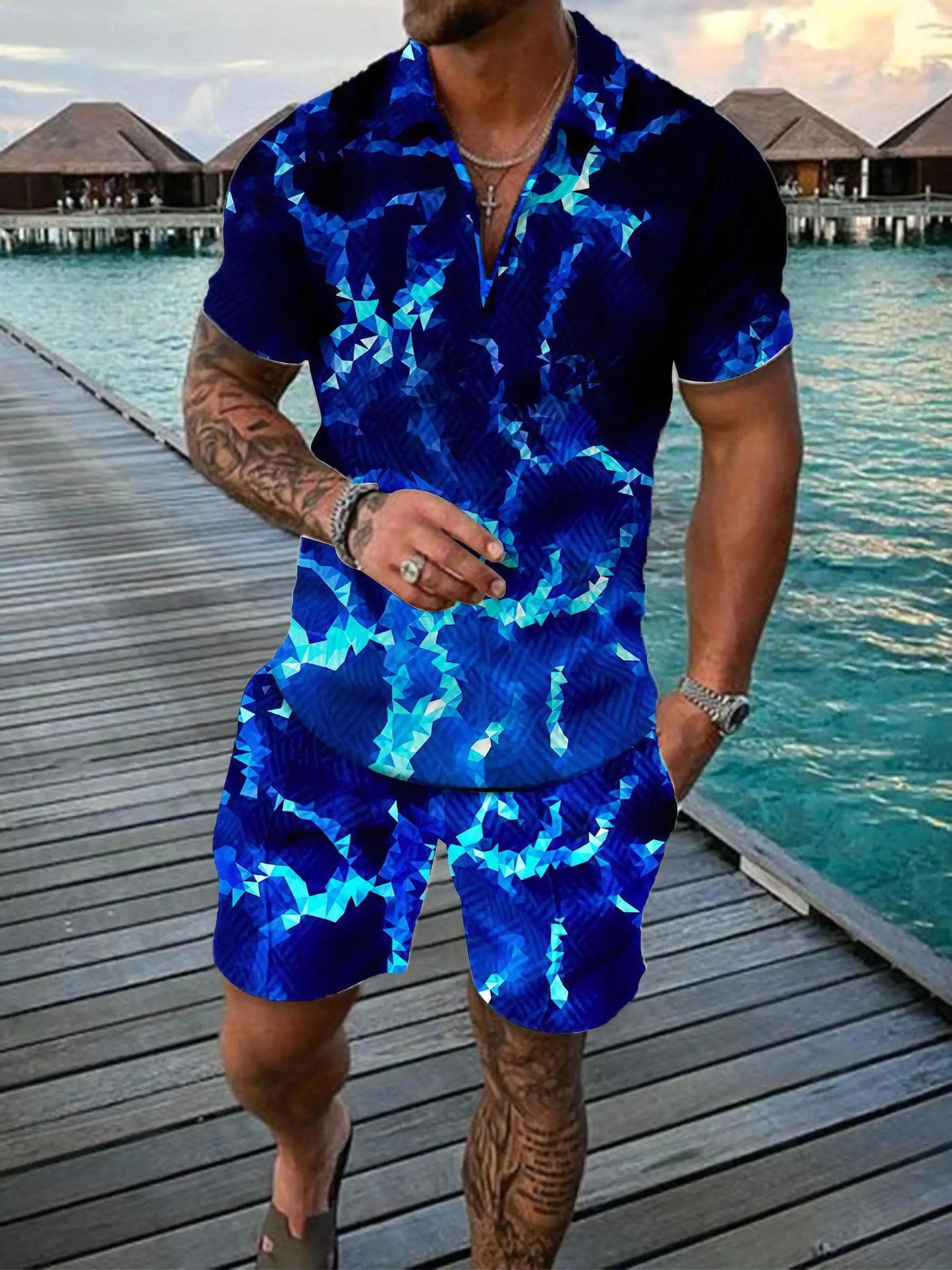 Funny 3D Polka Dot Print Men's Short Sleeve Sets Fashion Zip Polo Shirt Shorts 2 Piece Outfit Summer Street Clothing Casual Suit