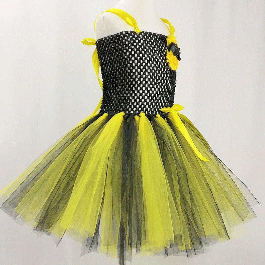 Bumble Bee Tutu Dress for Baby Girls Birthday Outfit Halloween Costume for Kids Honeybee Cosplay Dresses with Wing Headband Set