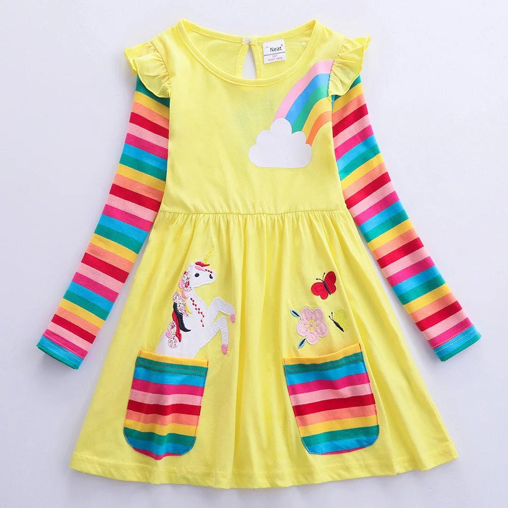 Girls' Long Sleeve Unicorn Dress Autumn Embroidery Two Pockets Rainbow Sleeves 81035
