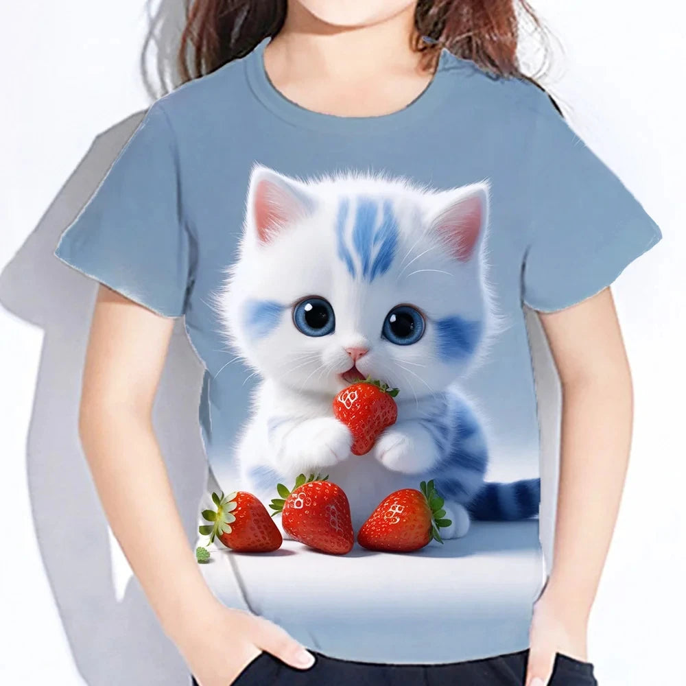 T-Shirt for Girl Short Sleeve Cat Graphic T Shirts Polyester Kids Clothes Print Tee Shirt O-Neck Tops Casual Children's Clothing