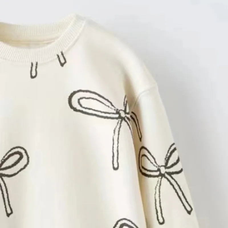 Kids Girl Sweatshirt Childish Flower Bow Print Round Neck Cotton Sweatshirts Autumn Winter Long Sleeve T-Shirt Children Clothes