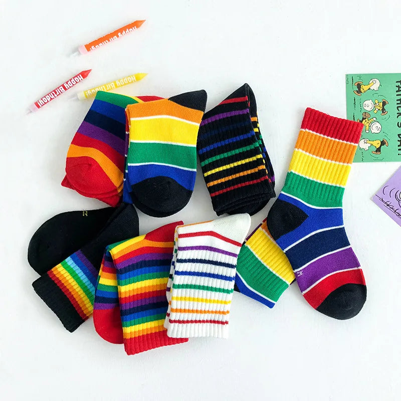 Fashion Rainbow Socks for Kids Spring Summer Colourful Stripe Breathable Cotton Girls Boys Tube Socks School Long Socks 1-8 Year
